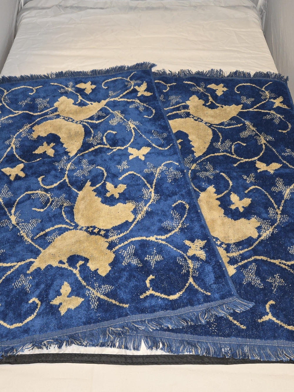 Vtg 70s Fieldcrest Blue Yellow 2pc Hand Towel Retro MCM Set Butterfly
